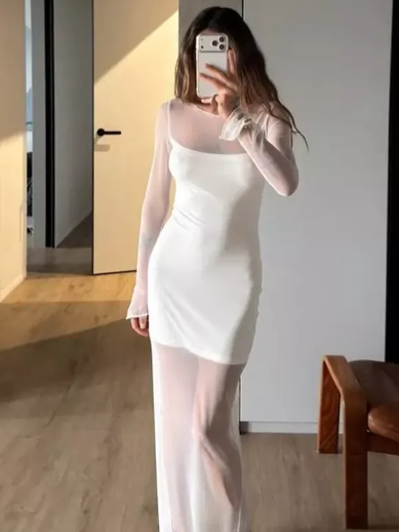 Daily Dresses Woman's Maxi White Long Sleeves Jewel Neck Natural Waist Dress