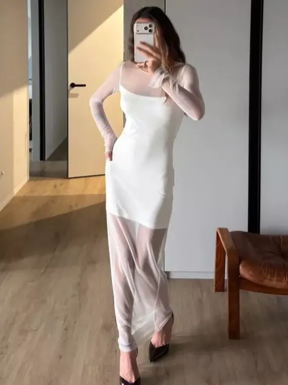 Daily Dresses Woman's Maxi White Long Sleeves Jewel Neck Natural Waist Dress