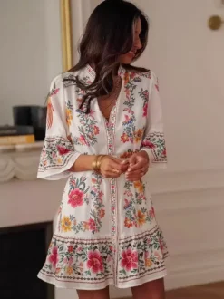 Daily Dresses Woman's Mini Sash Half Sleeves Stand Collar Natural Waist Floral Print Dress