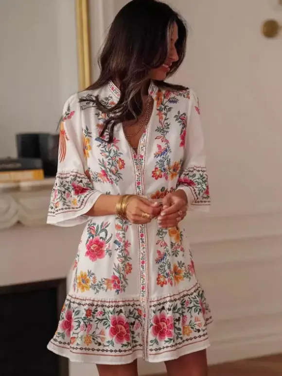 Daily Dresses Woman's Mini Sash Half Sleeves Stand Collar Natural Waist Floral Print Dress