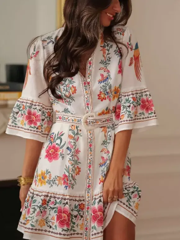 Daily Dresses Woman's Mini Sash Half Sleeves Stand Collar Natural Waist Floral Print Dress