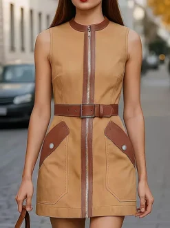 Daily Dresses Woman's Mini Sleeveless Jewel Neck Sash Two-Tone Khaki Short Dress