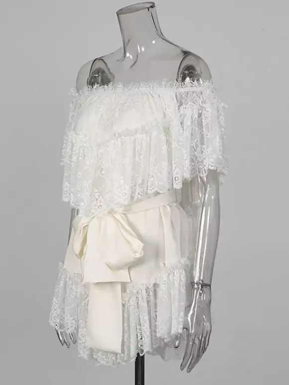 Daily Dresses Woman's Mini White Lace Off-The-Shoulder Raised Waist Dress