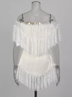 Daily Dresses Woman's Mini White Lace Off-The-Shoulder Raised Waist Dress