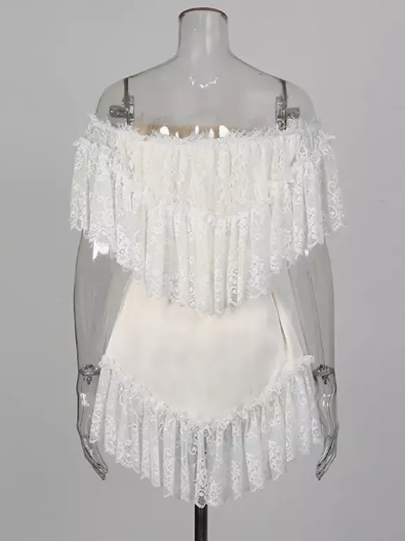 Daily Dresses Woman's Mini White Lace Off-The-Shoulder Raised Waist Dress