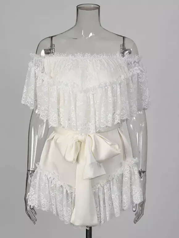 Daily Dresses Woman's Mini White Lace Off-The-Shoulder Raised Waist Dress