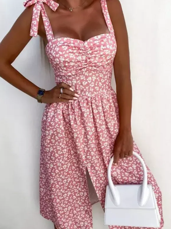 Daily Dresses Women's Midi Pink Lycra Spandex Backless Flowers Sleeveless Strapless Natural Waist Dress