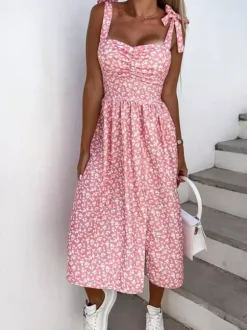 Daily Dresses Women's Midi Pink Lycra Spandex Backless Flowers Sleeveless Strapless Natural Waist Dress