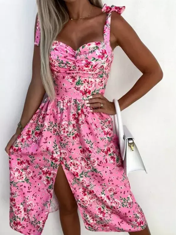 Daily Dresses Women's Midi Pink Lycra Spandex Backless Flowers Sleeveless Strapless Natural Waist Dress