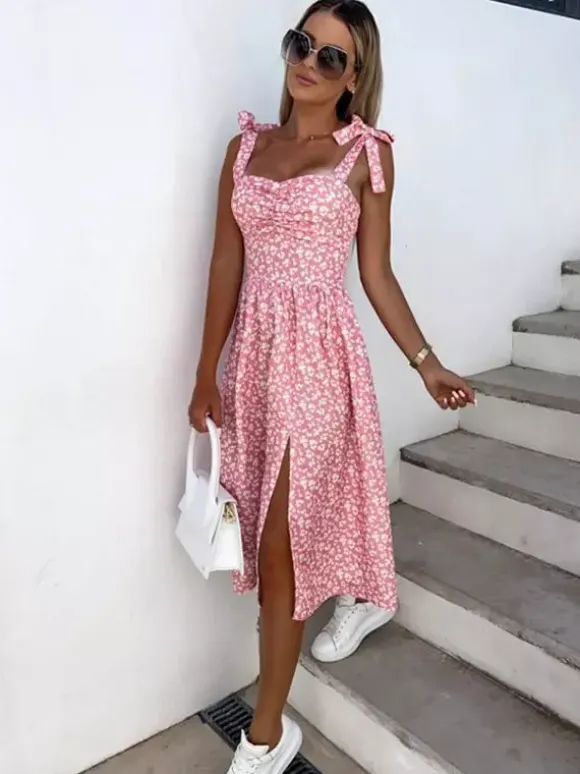 Daily Dresses Women's Midi Pink Lycra Spandex Backless Flowers Sleeveless Strapless Natural Waist Dress