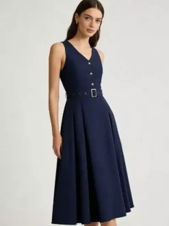 Daily Dresses Women's Sleeveless V Neck Belted Midi Dress Button Front A-Line Flare Dress