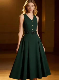 Daily Dresses Women's Sleeveless V Neck Belted Midi Dress Button Front A-Line Flare Dress