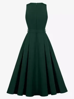Daily Dresses Women's Sleeveless V Neck Belted Midi Dress Button Front A-Line Flare Dress
