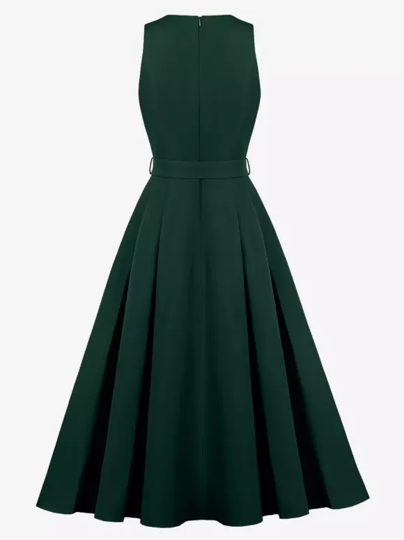 Daily Dresses Women's Sleeveless V Neck Belted Midi Dress Button Front A-Line Flare Dress