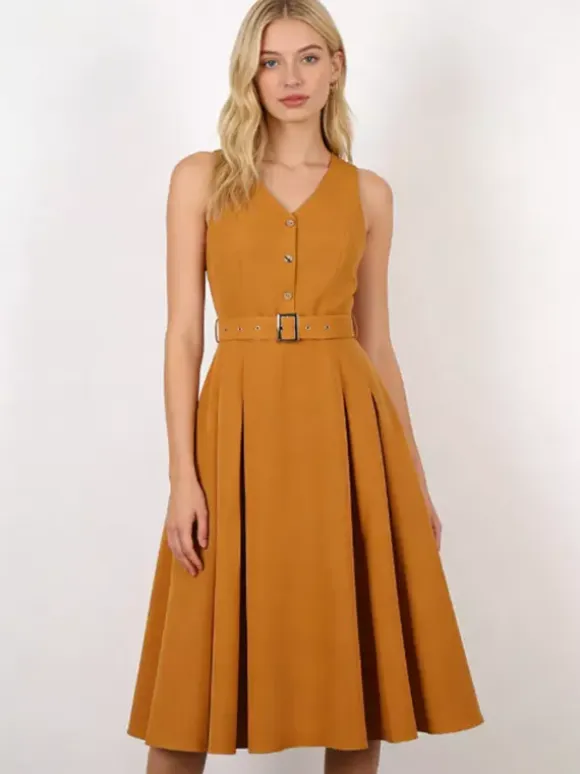 Daily Dresses Women's Sleeveless V Neck Belted Midi Dress Button Front A-Line Flare Dress