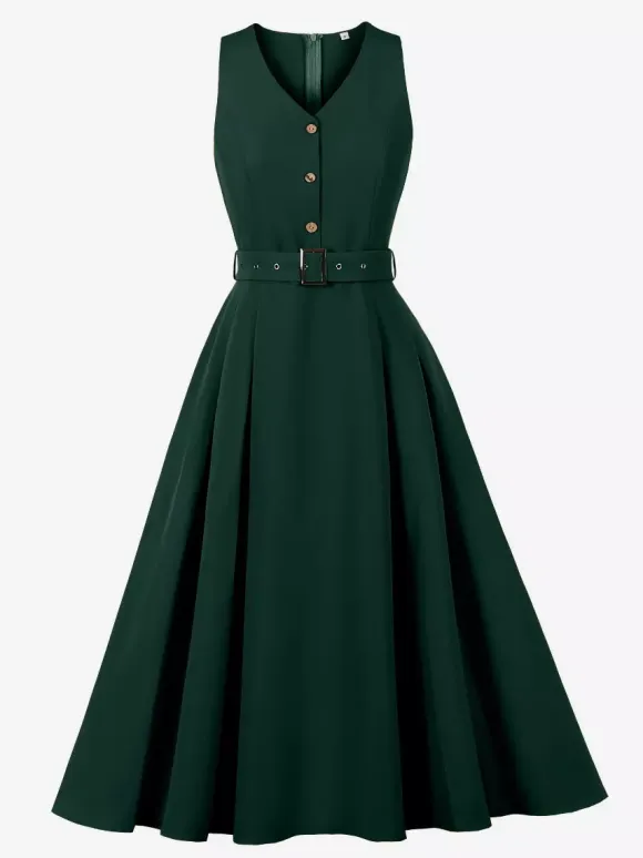 Daily Dresses Women's Sleeveless V Neck Belted Midi Dress Button Front A-Line Flare Dress