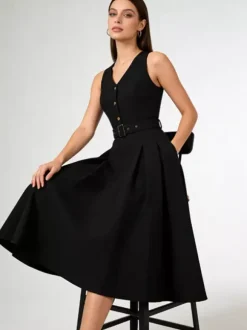 Daily Dresses Women's Sleeveless V Neck Belted Midi Dress Button Front A-Line Flare Dress