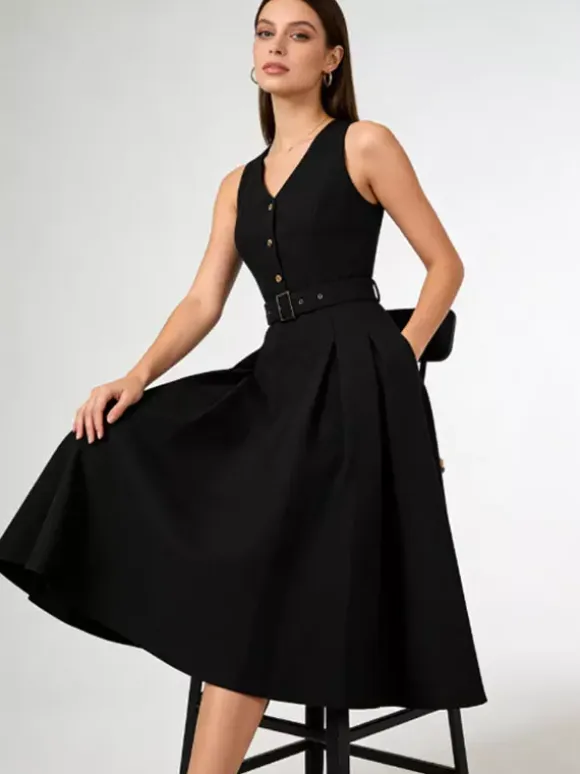 Daily Dresses Women's Sleeveless V Neck Belted Midi Dress Button Front A-Line Flare Dress