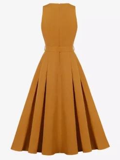 Daily Dresses Women's Sleeveless V Neck Belted Midi Dress Button Front A-Line Flare Dress