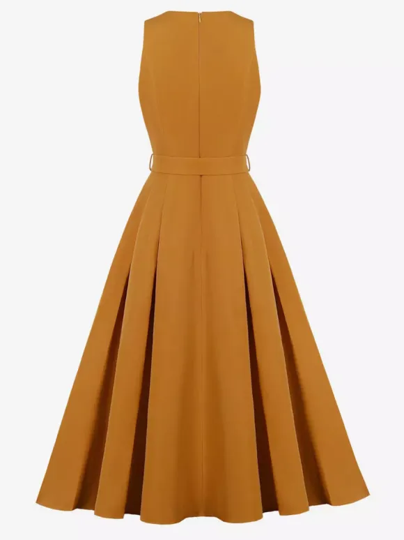 Daily Dresses Women's Sleeveless V Neck Belted Midi Dress Button Front A-Line Flare Dress