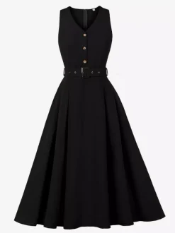 Daily Dresses Women's Sleeveless V Neck Belted Midi Dress Button Front A-Line Flare Dress