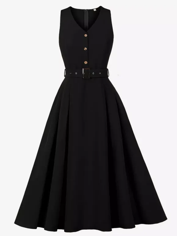 Daily Dresses Women's Sleeveless V Neck Belted Midi Dress Button Front A-Line Flare Dress