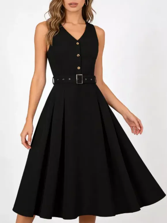 Daily Dresses Women's Sleeveless V Neck Belted Midi Dress Button Front A-Line Flare Dress