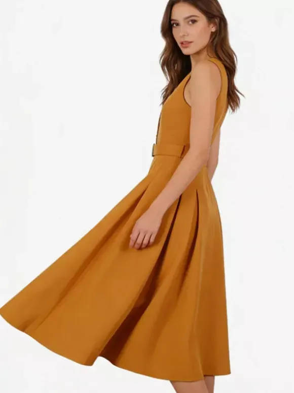 Daily Dresses Women's Sleeveless V Neck Belted Midi Dress Button Front A-Line Flare Dress