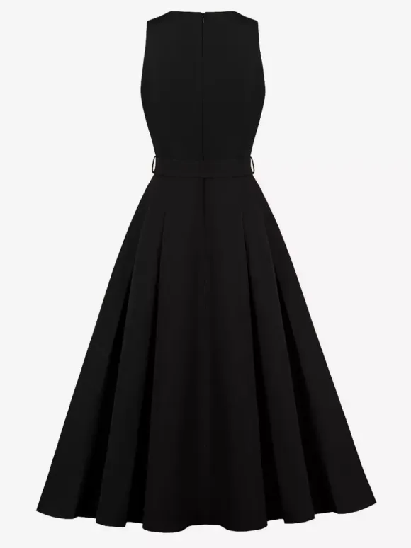 Daily Dresses Women's Sleeveless V Neck Belted Midi Dress Button Front A-Line Flare Dress