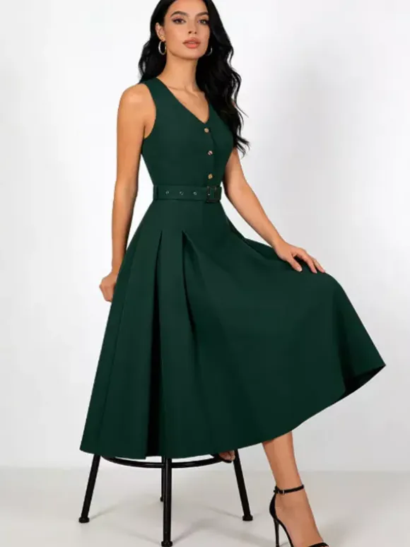 Daily Dresses Women's Sleeveless V Neck Belted Midi Dress Button Front A-Line Flare Dress