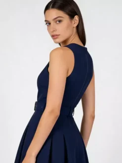 Daily Dresses Women's Sleeveless V Neck Belted Midi Dress Button Front A-Line Flare Dress
