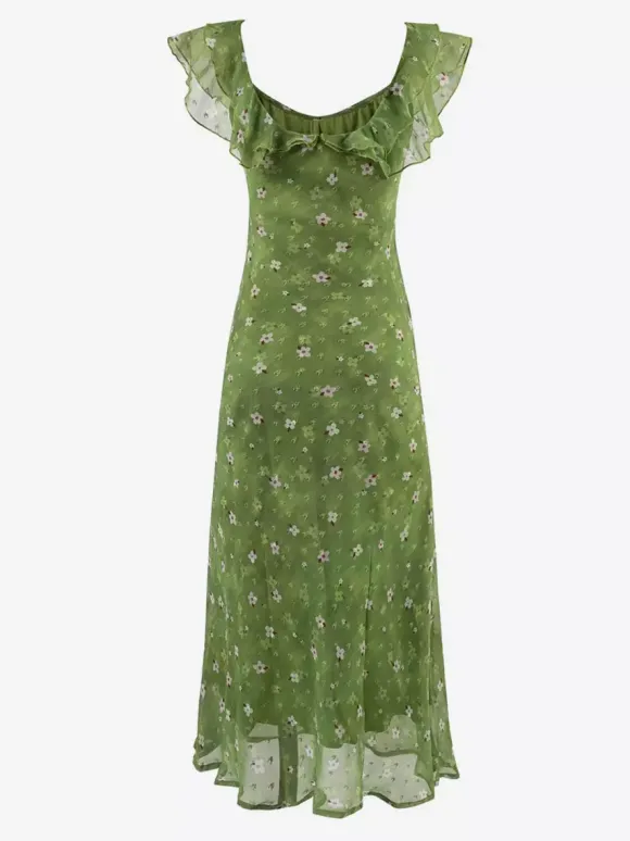 Daily Dresses Women's Sleeveless V-Neck Raised Waist Sweet Flowers Green Dress