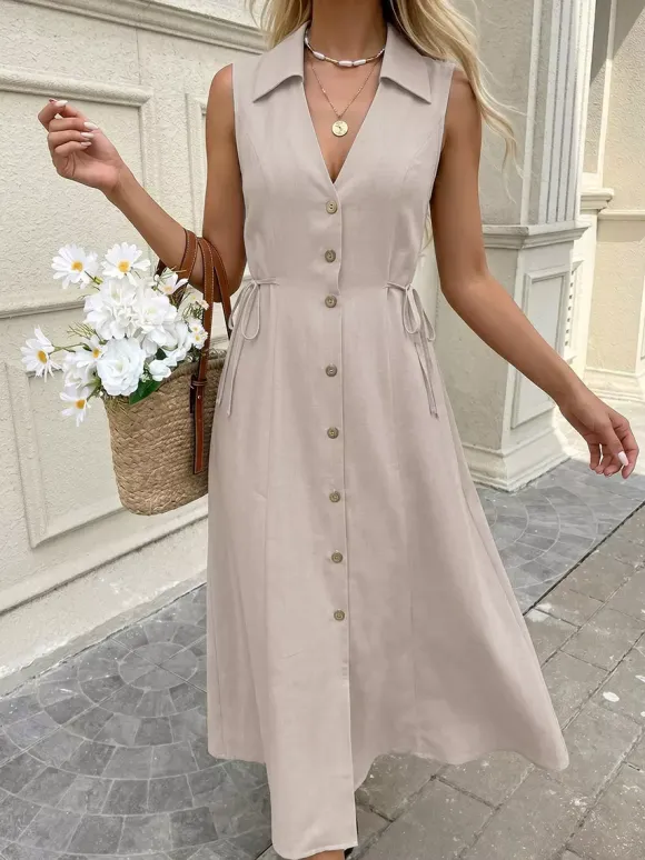 Daily Dress Khaki Sleeveless Collared Shirt V-Neck Button Front Side Drawstring Midi Dress