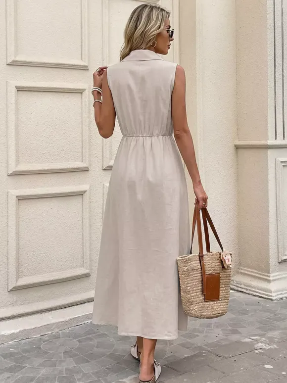 Daily Dress Khaki Sleeveless Collared Shirt V-Neck Button Front Side Drawstring Midi Dress