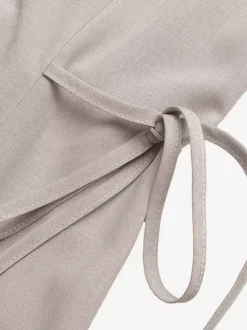 Daily Dress Khaki Sleeveless Collared Shirt V-Neck Button Front Side Drawstring Midi Dress