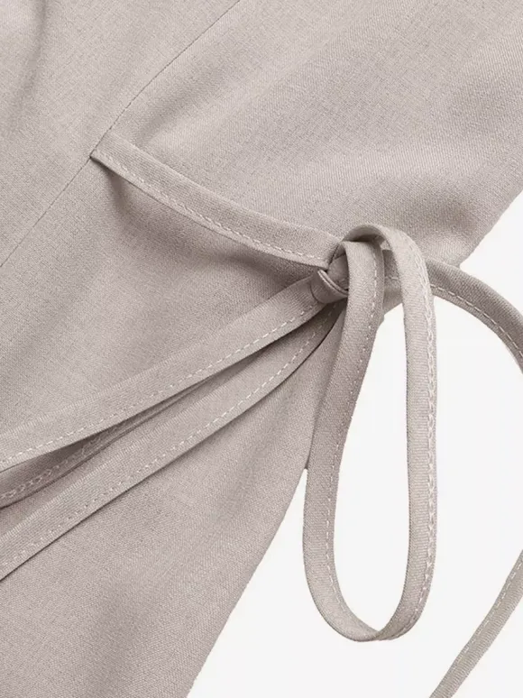Daily Dress Khaki Sleeveless Collared Shirt V-Neck Button Front Side Drawstring Midi Dress