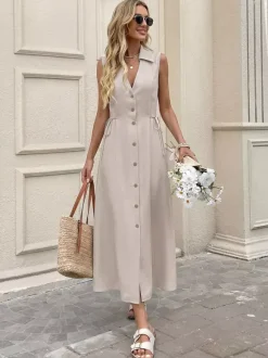 Daily Dress Khaki Sleeveless Collared Shirt V-Neck Button Front Side Drawstring Midi Dress