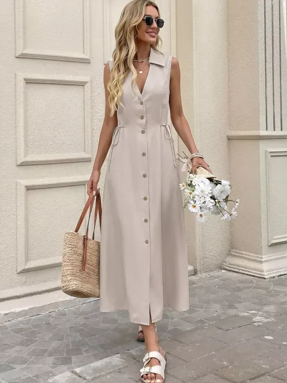 Daily Dress Khaki Sleeveless Collared Shirt V-Neck Button Front Side Drawstring Midi Dress