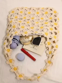 Daisy Floral Crochet Hollow Tote Bag Summer Boho Woven Shoulder Bag Beach Vacation Handbag