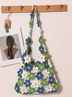 Daisy Floral Crochet Hollow Tote Bag Summer Boho Woven Shoulder Bag Beach Vacation Handbag