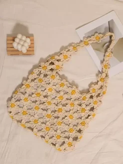 Daisy Floral Crochet Hollow Tote Bag Summer Boho Woven Shoulder Bag Beach Vacation Handbag