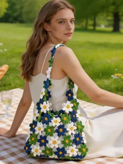 Daisy Floral Crochet Hollow Tote Bag Summer Boho Woven Shoulder Bag Beach Vacation Handbag