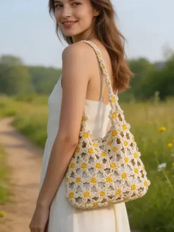 Daisy Floral Crochet Hollow Tote Bag Summer Boho Woven Shoulder Bag Beach Vacation Handbag
