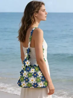 Daisy Floral Crochet Hollow Tote Bag Summer Boho Woven Shoulder Bag Beach Vacation Handbag