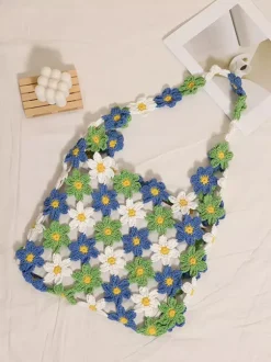 Daisy Floral Crochet Hollow Tote Bag Summer Boho Woven Shoulder Bag Beach Vacation Handbag