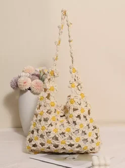 Daisy Floral Crochet Hollow Tote Bag Summer Boho Woven Shoulder Bag Beach Vacation Handbag