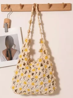 Daisy Floral Crochet Hollow Tote Bag Summer Boho Woven Shoulder Bag Beach Vacation Handbag