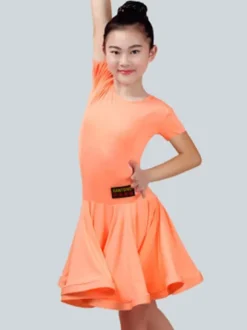 Dance Costumes Latin Dancer Dresses Kids Orange Short Sleeve Little Girls Ballroom Dancing Carnival