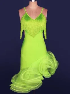 Dance Costumes Latin Dancer Dresses Organza V Neck Spaghetti Strap Fringes Cut Out Irregular Hem Bodycon Dancing Clothes Hallloween