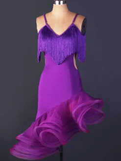 Dance Costumes Latin Dancer Dresses Organza V Neck Spaghetti Strap Fringes Cut Out Irregular Hem Bodycon Dancing Clothes Hallloween